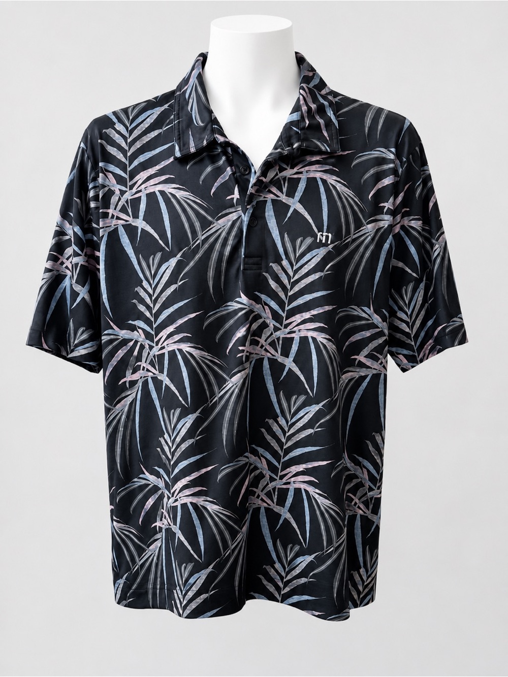 Travis Mathew Matthew Buzz Words XL Palm Leaf Black Performance Golf Polo Shirt